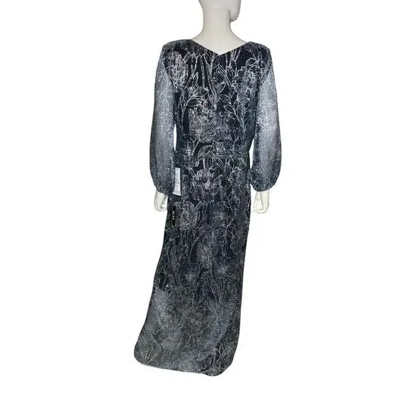 SL Fashions Metallic Print Blouson-Sleeve High-Low Gown Teal Silver Sz 18 - Picture 5 of 9